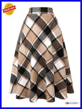 Plaid Wool A-Line Pleated Long Skirt Elastic Waist